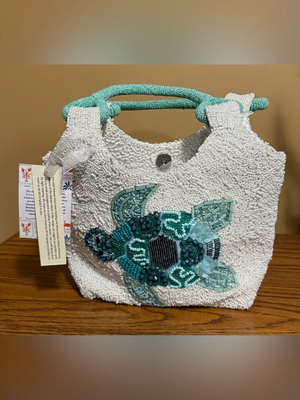 Beaded Sea Turtle Mini Bag in White and Aqua